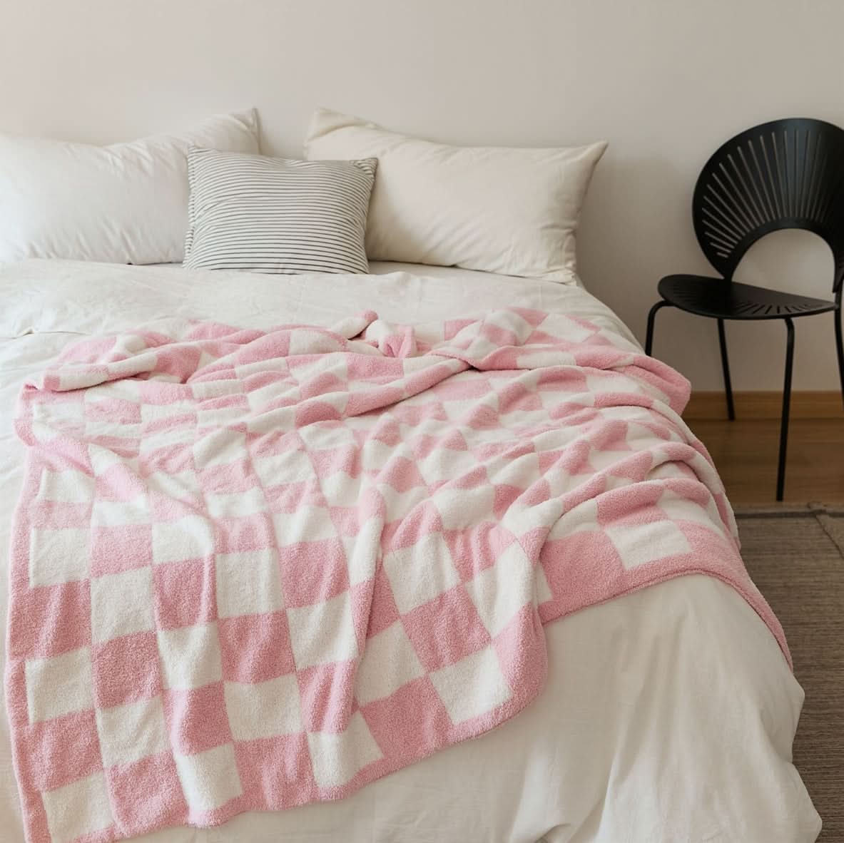 Cotton Knit Throw Blanket Checkerboard Pattern Soft Texture