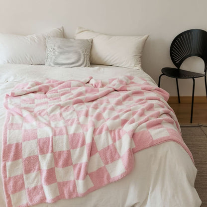 Cotton Knit Throw Blanket Checkerboard Pattern Soft Texture