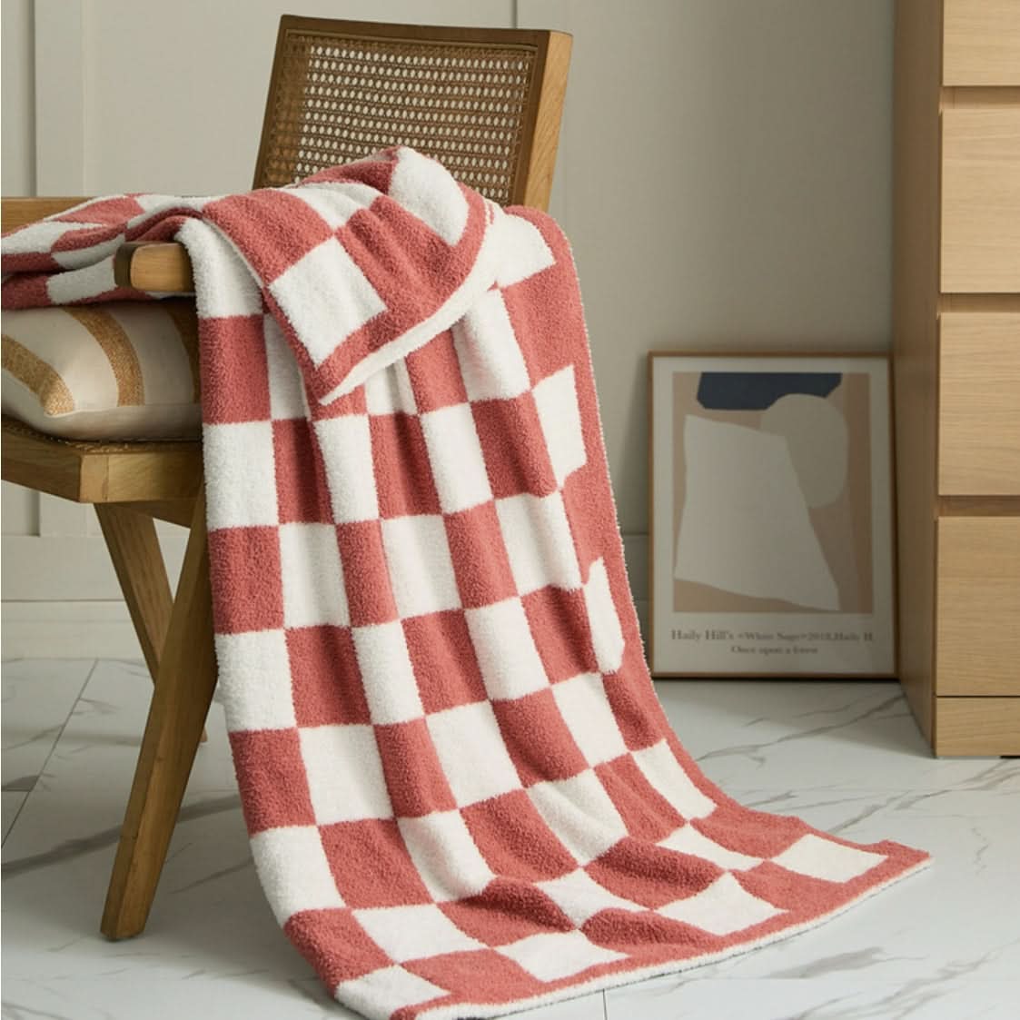 Cotton Knit Throw Blanket Checkerboard Pattern Soft Texture