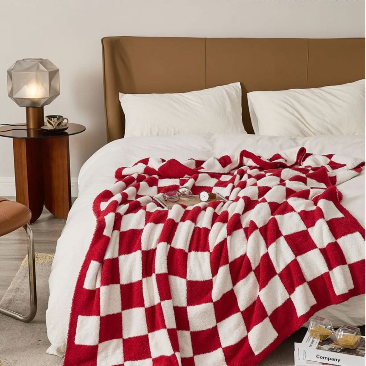 Cotton Knit Throw Blanket Checkerboard Pattern Soft Texture