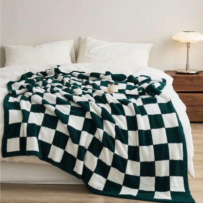 Cotton Knit Throw Blanket Checkerboard Pattern Soft Texture