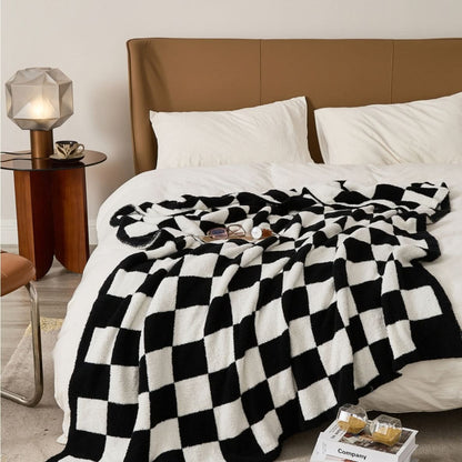 Cotton Knit Throw Blanket Checkerboard Pattern Soft Texture