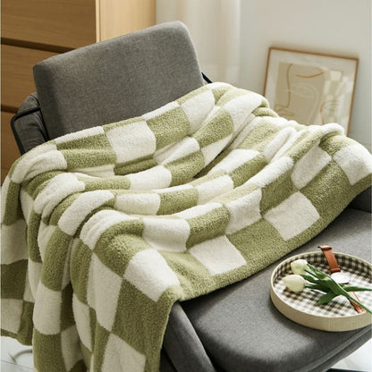 Cotton Knit Throw Blanket Checkerboard Pattern Soft Texture