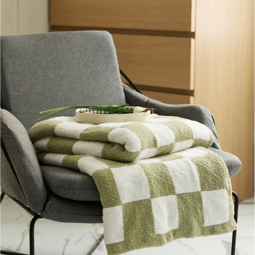 Cotton Knit Throw Blanket Checkerboard Pattern Soft Texture