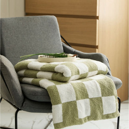 Cotton Knit Throw Blanket Checkerboard Pattern Soft Texture