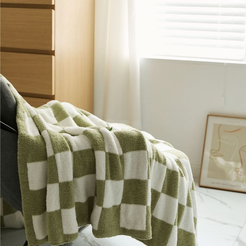 Cotton Knit Throw Blanket Checkerboard Pattern Soft Texture