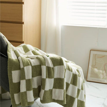 Cotton Knit Throw Blanket Checkerboard Pattern Soft Texture