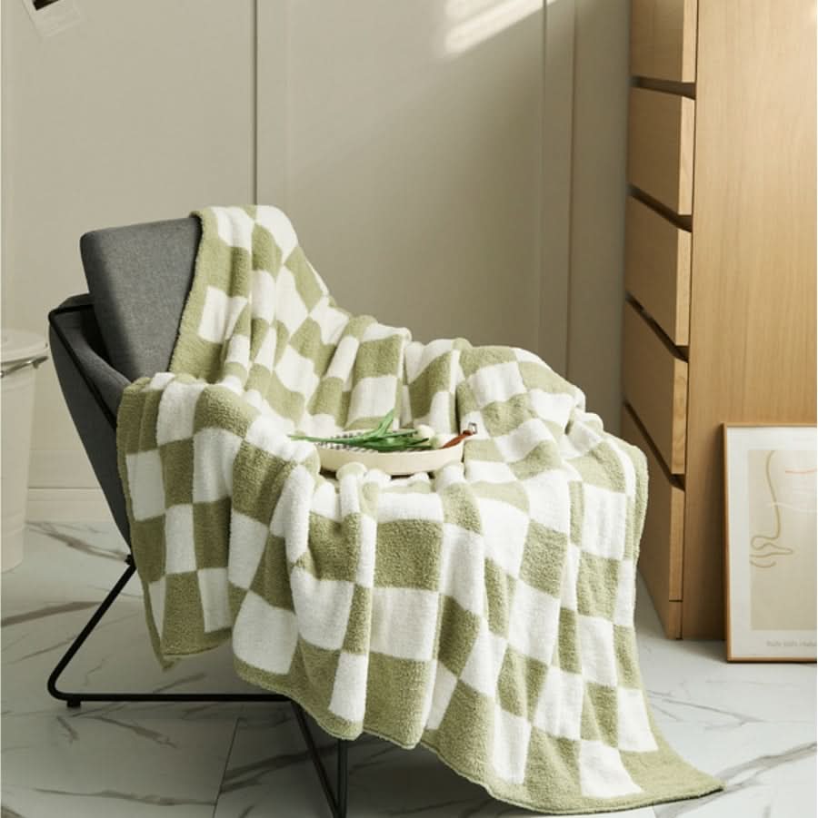 Cotton Knit Throw Blanket Checkerboard Pattern Soft Texture