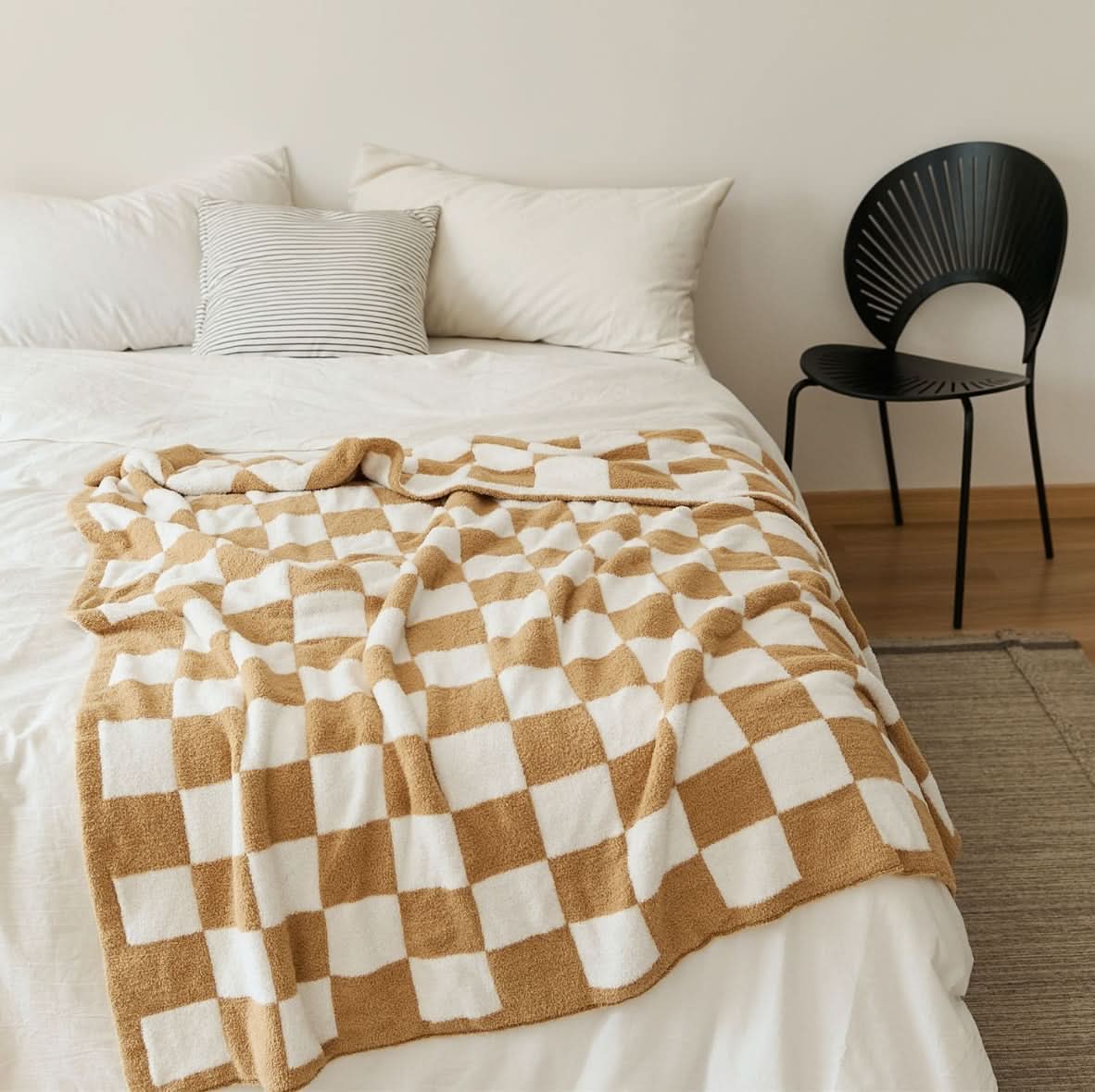 Cotton Knit Throw Blanket Checkerboard Pattern Soft Texture