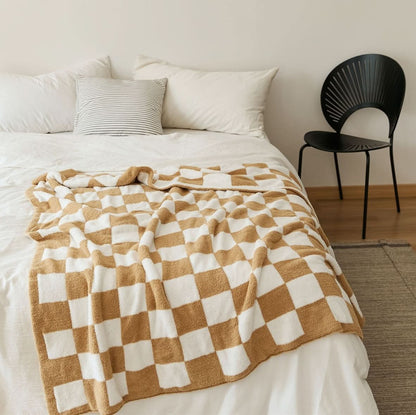Cotton Knit Throw Blanket Checkerboard Pattern Soft Texture