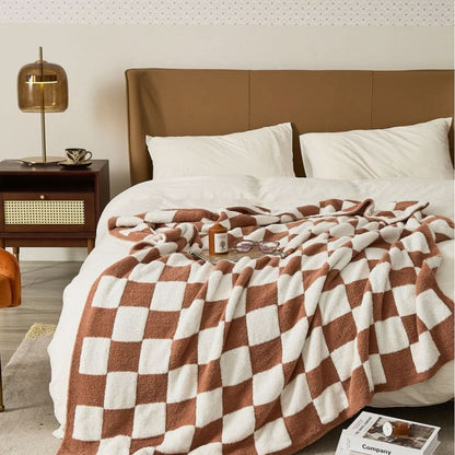 Cotton Knit Throw Blanket Checkerboard Pattern Soft Texture