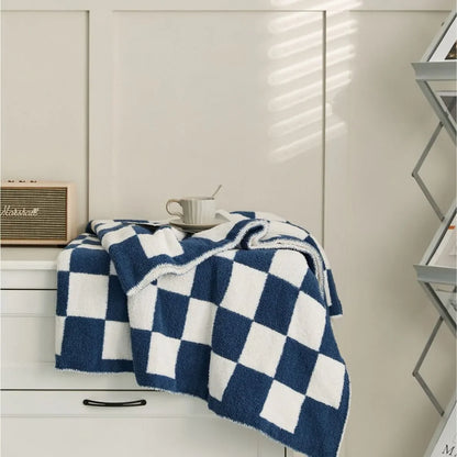 Cotton Knit Throw Blanket Checkerboard Pattern Soft Texture