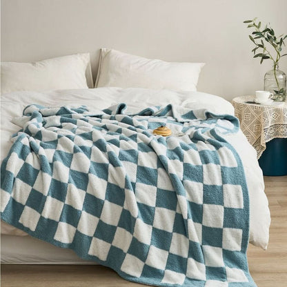 Cotton Knit Throw Blanket Checkerboard Pattern Soft Texture