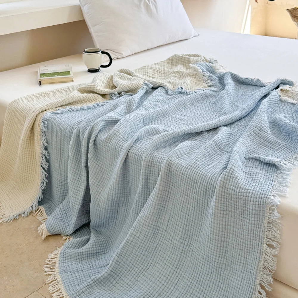 Cotton Muslin Blanket Breathable All-Season Fringed