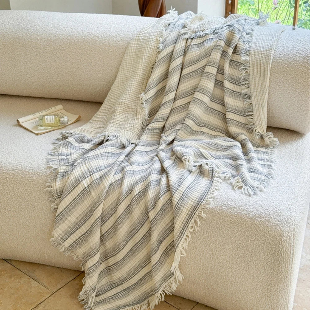 Cotton Muslin Blanket Breathable All-Season Fringed