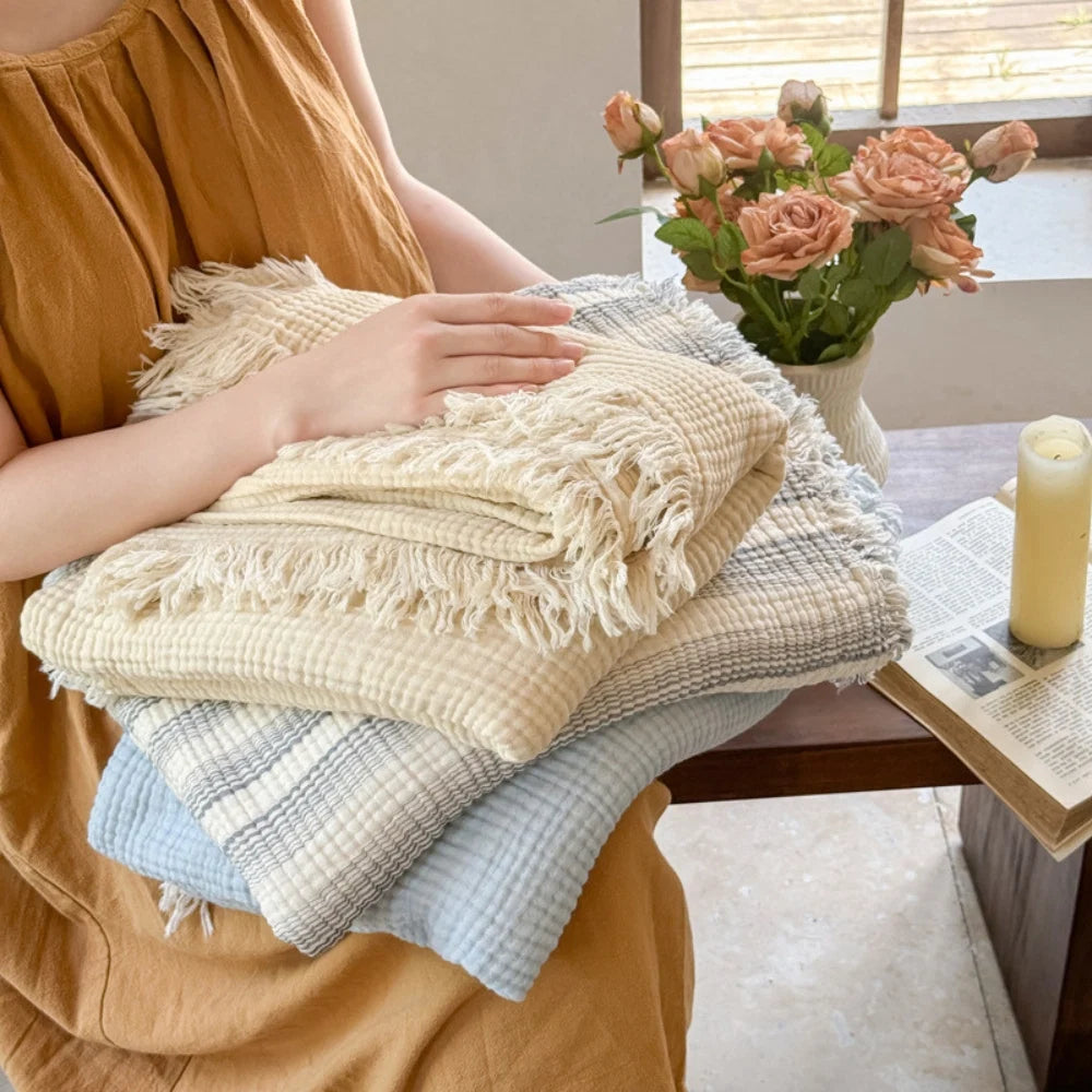 Cotton Muslin Blanket Breathable All-Season Fringed
