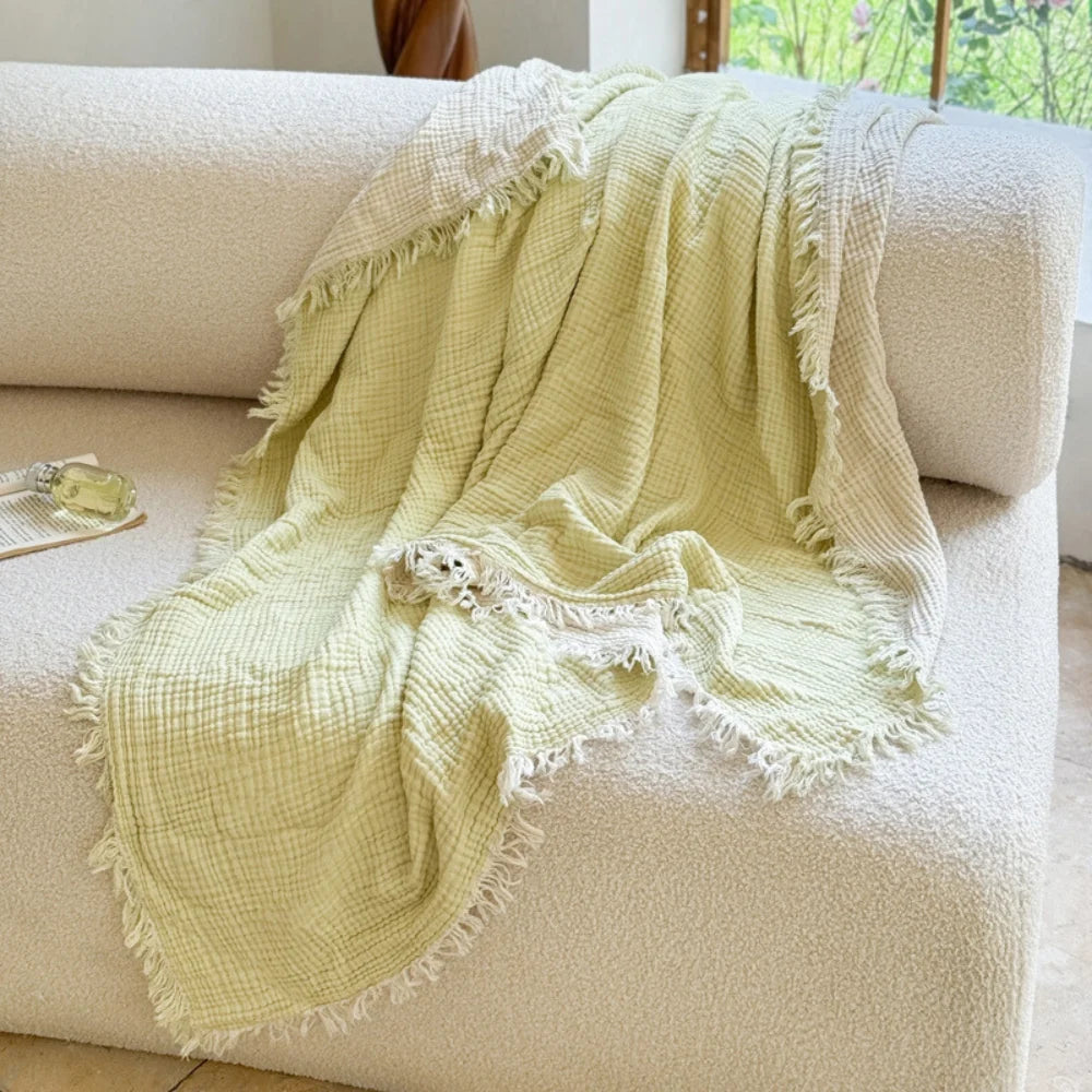 Cotton Muslin Blanket Breathable All-Season Fringed