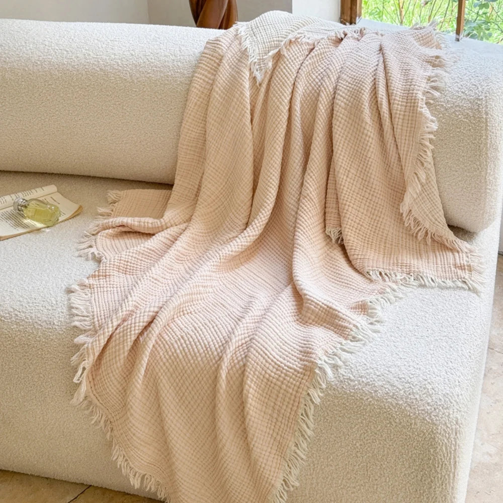 Cotton Muslin Blanket Breathable All-Season Fringed