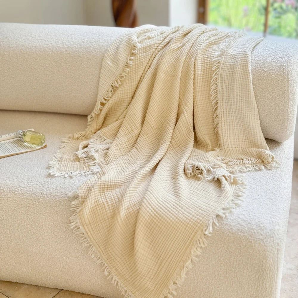 Cotton Muslin Blanket Breathable All-Season Fringed