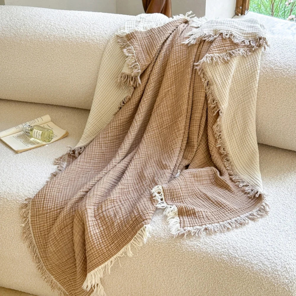 Cotton Muslin Blanket Breathable All-Season Fringed