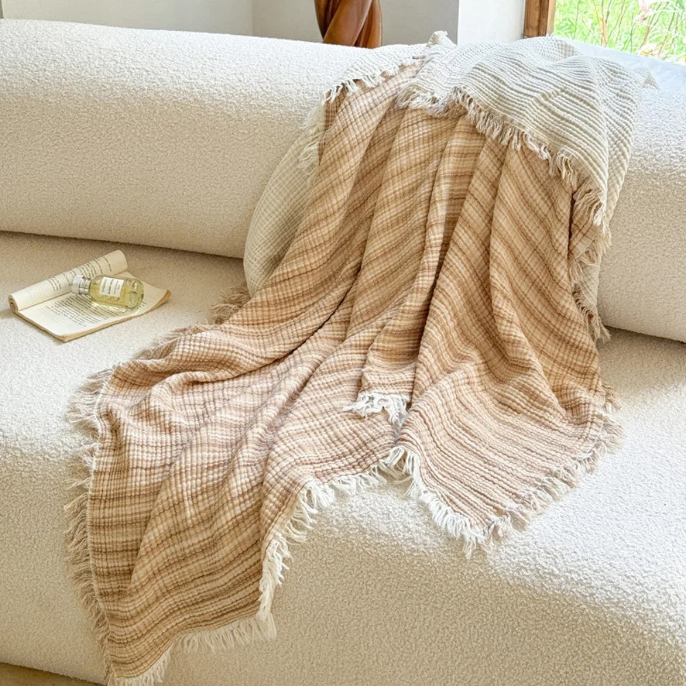 Cotton Muslin Blanket Breathable All-Season Fringed