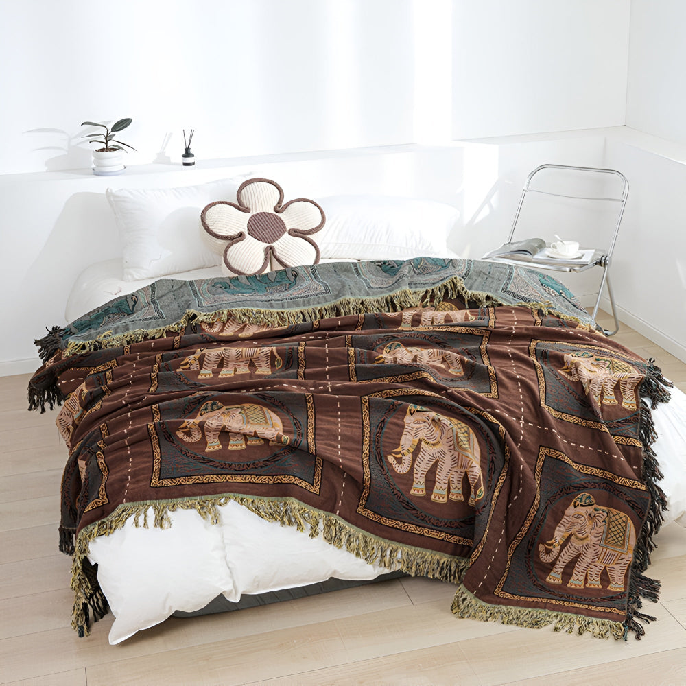 Cotton Throw Blanket Lightweight Boho Elephant Print & Tassels