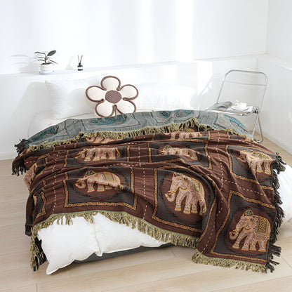 Cotton Throw Blanket Lightweight Boho Elephant Print & Tassels