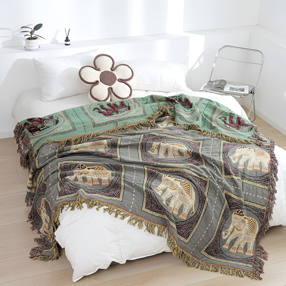 Cotton Throw Blanket Lightweight Boho Elephant Print & Tassels