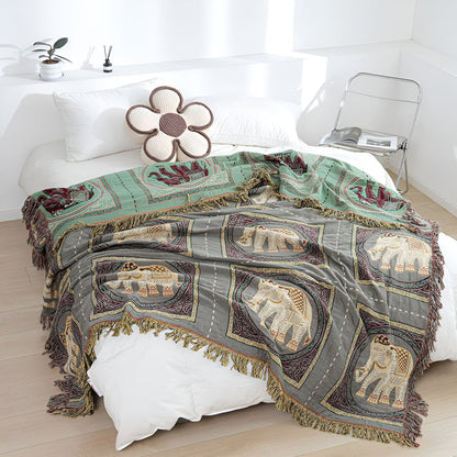 Cotton Throw Blanket Lightweight Boho Elephant Print & Tassels