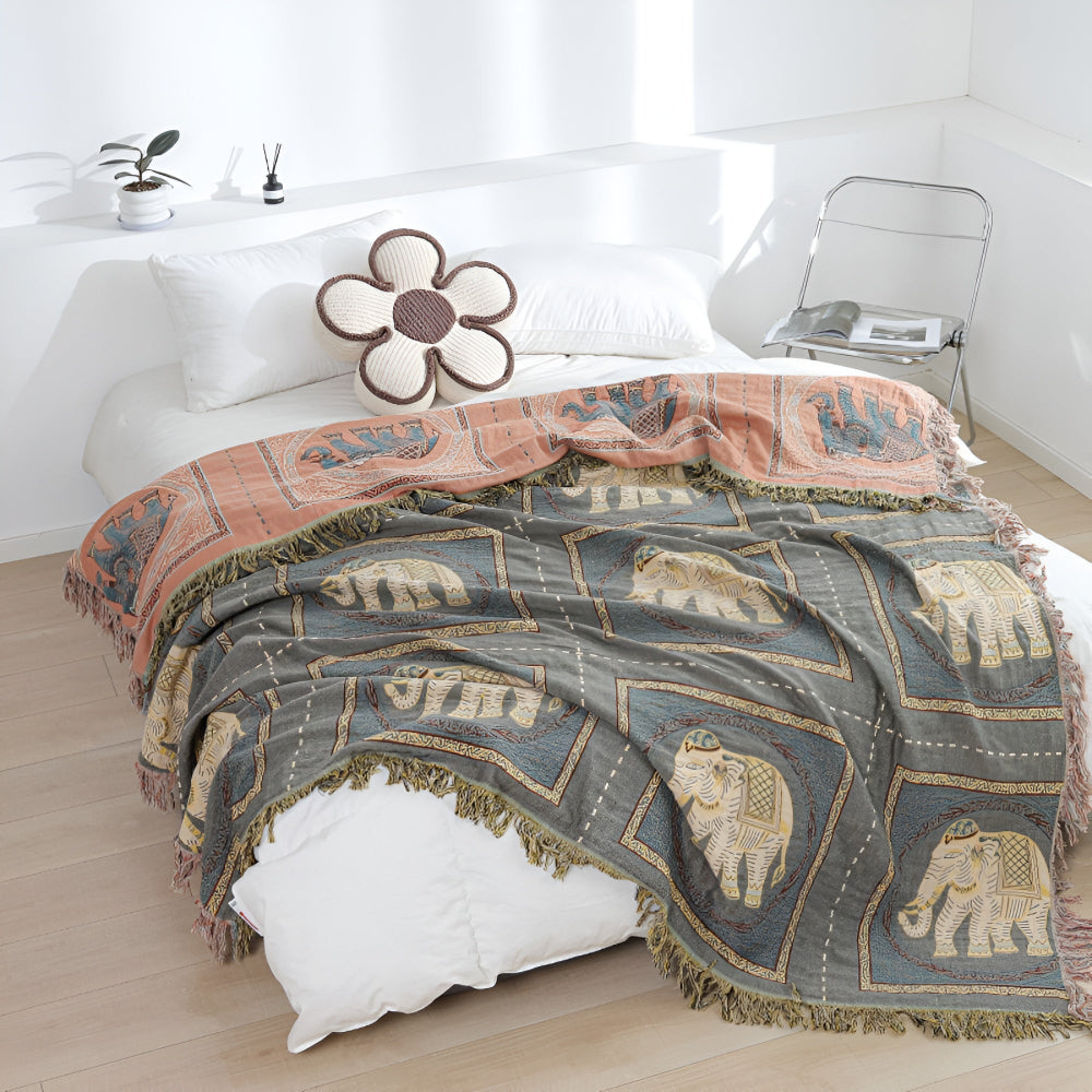 Cotton Throw Blanket Lightweight Boho Elephant Print & Tassels