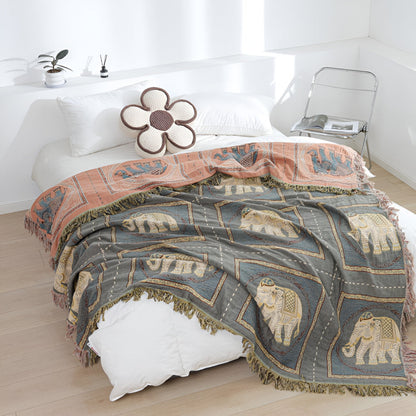 Cotton Throw Blanket Lightweight Boho Elephant Print & Tassels