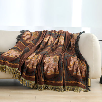 Cotton Throw Blanket Lightweight Boho Elephant Print & Tassels