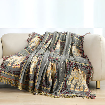 Cotton Throw Blanket Lightweight Boho Elephant Print & Tassels