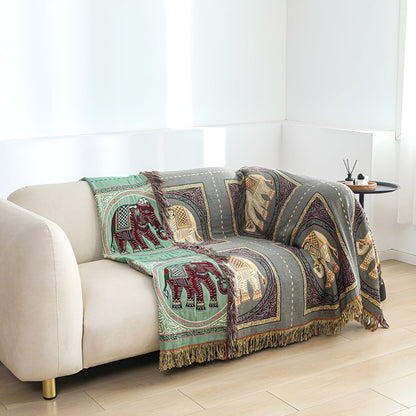 Cotton Throw Blanket Lightweight Boho Elephant Print & Tassels