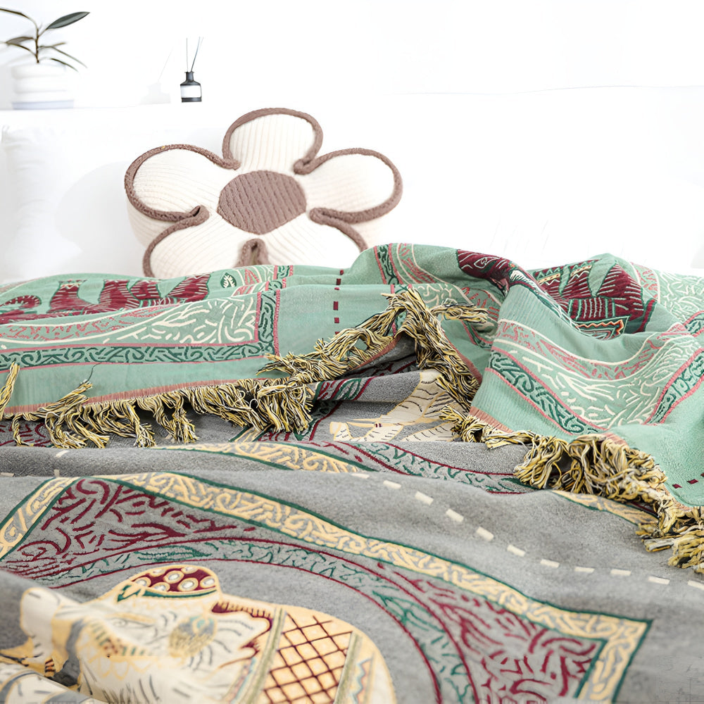 Cotton Throw Blanket Lightweight Boho Elephant Print & Tassels