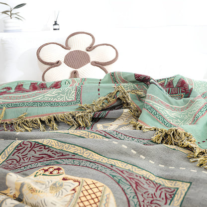 Cotton Throw Blanket Lightweight Boho Elephant Print & Tassels