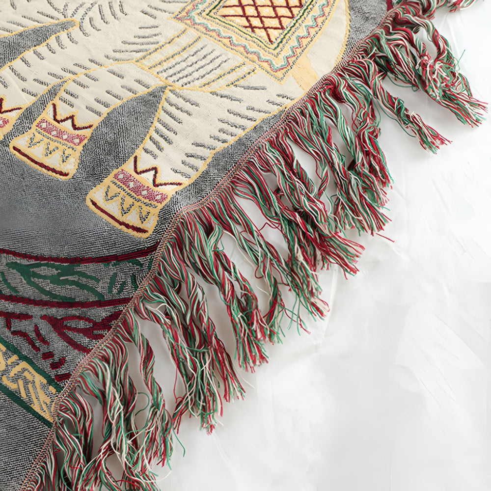 Cotton Throw Blanket Lightweight Boho Elephant Print & Tassels