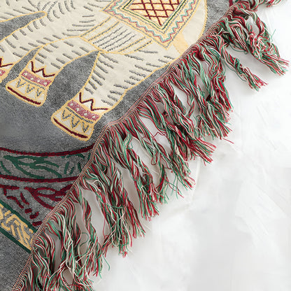 Cotton Throw Blanket Lightweight Boho Elephant Print & Tassels