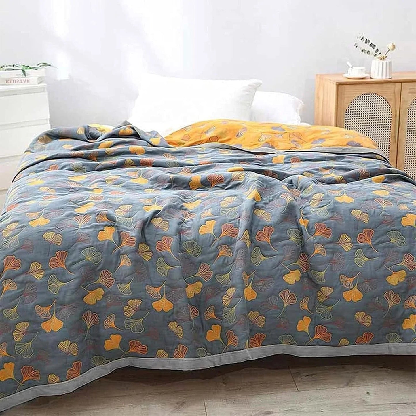 Cotton Throw Blanket Reversible Ginkgo Leaf Machine Washable