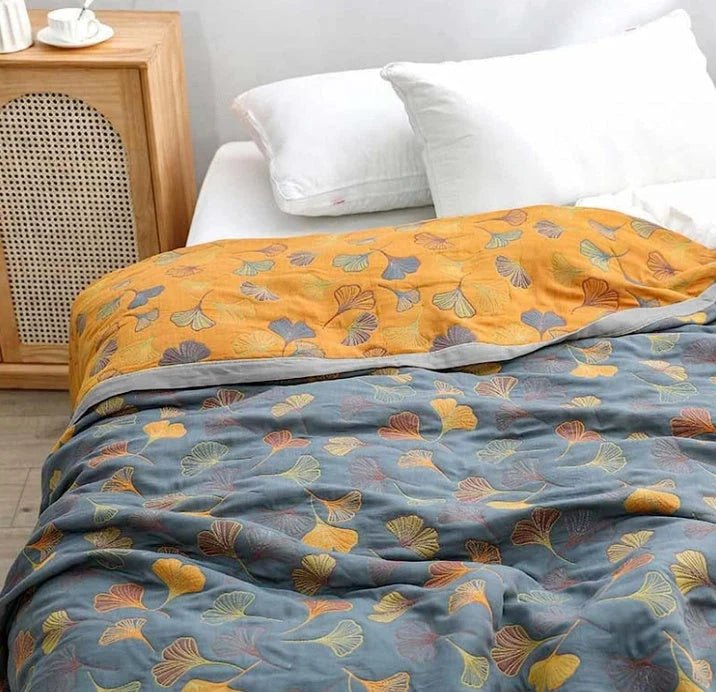 Cotton Throw Blanket Reversible Ginkgo Leaf Machine Washable