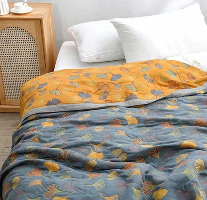 Cotton Throw Blanket Reversible Ginkgo Leaf Machine Washable
