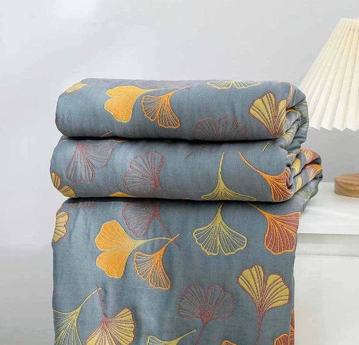 Cotton Throw Blanket Reversible Ginkgo Leaf Machine Washable