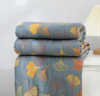 Cotton Throw Blanket Reversible Ginkgo Leaf Machine Washable