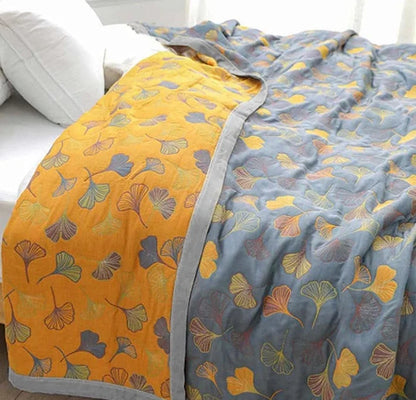 Cotton Throw Blanket Reversible Ginkgo Leaf Machine Washable