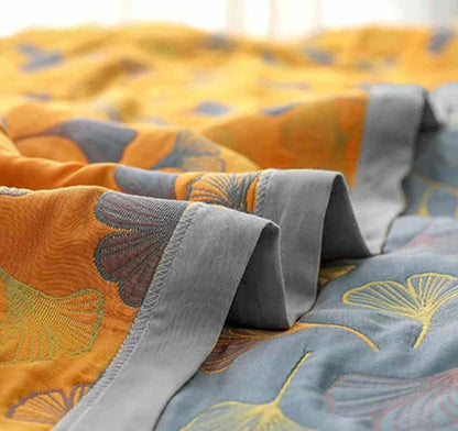 Cotton Throw Blanket Reversible Ginkgo Leaf Machine Washable
