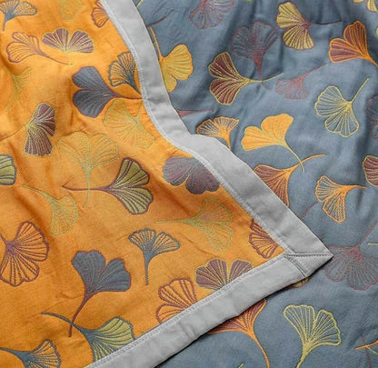 Cotton Throw Blanket Reversible Ginkgo Leaf Machine Washable
