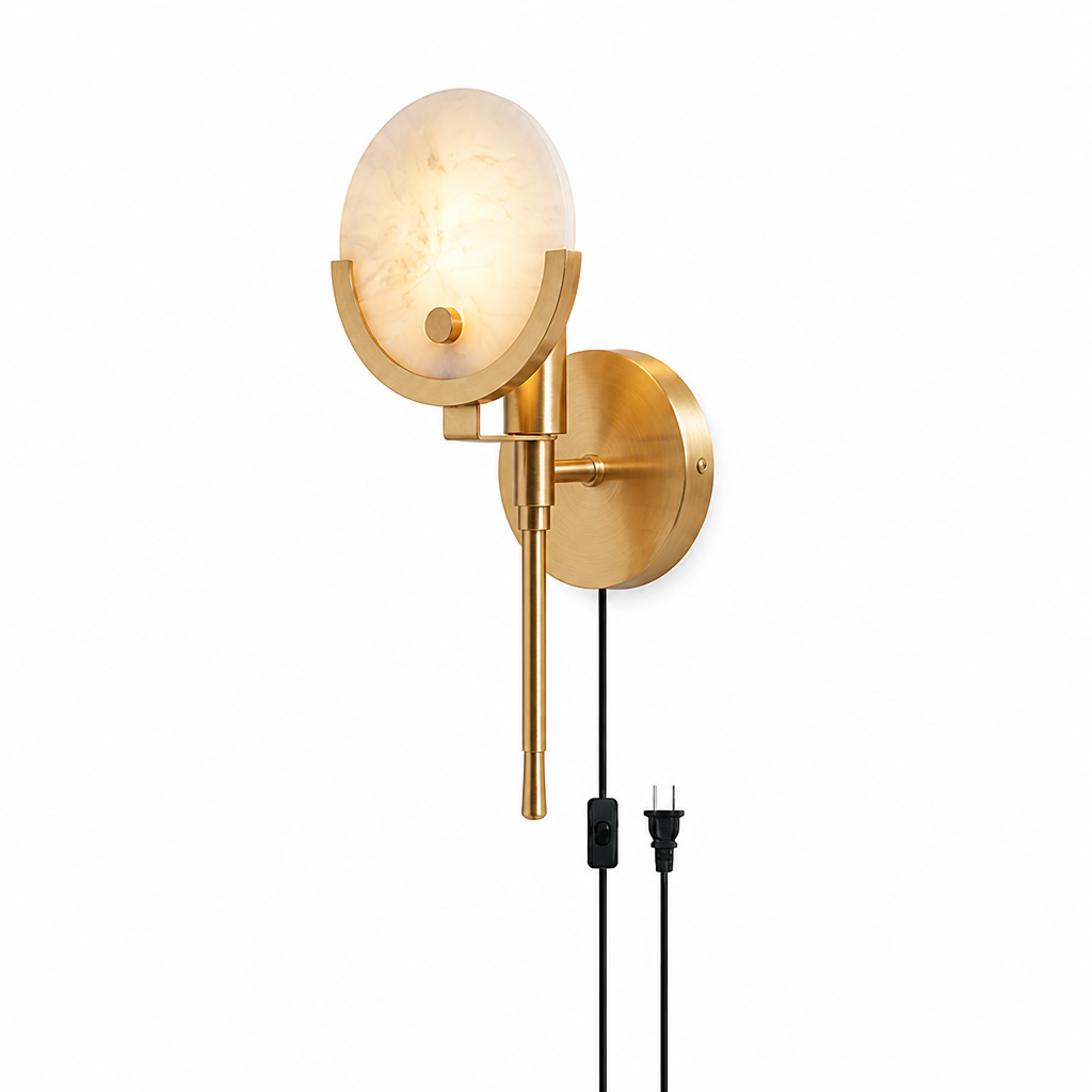 Crescent Brass & Natural Alabaster Plug-In Wall Sconce (Two Sizes)