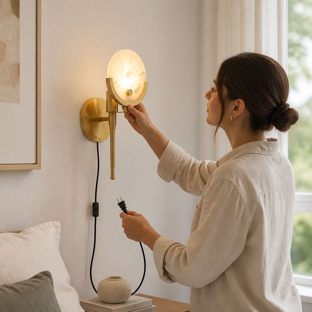 Crescent Brass & Natural Alabaster Plug-In Wall Sconce (Two Sizes)