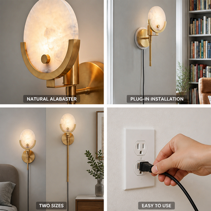 Crescent Brass & Natural Alabaster Plug-In Wall Sconce (Two Sizes)