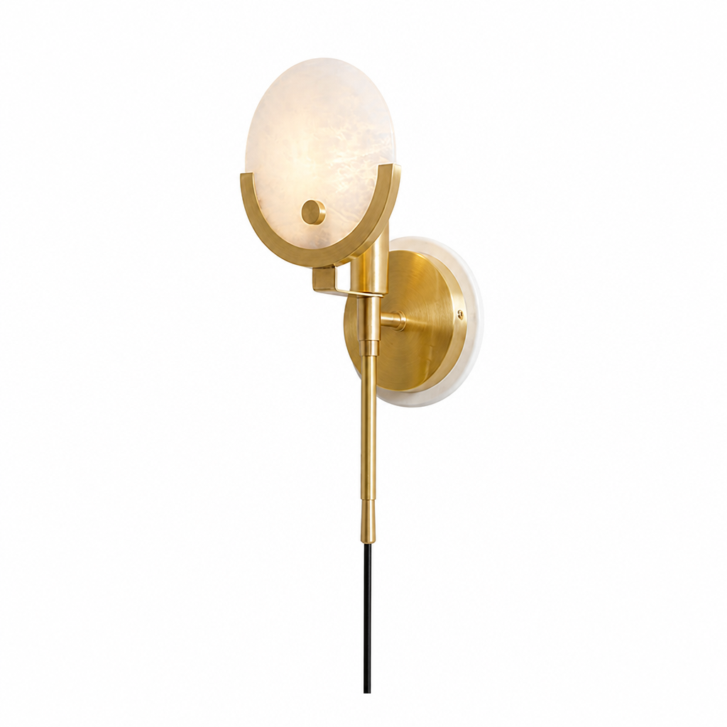 Crescent Brass & Natural Alabaster Plug-In Wall Sconce (Two Sizes)